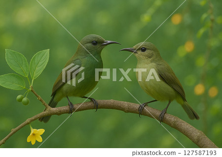 AI generated realistic image of a male and female olive sunbird perched side by side on a branch in a vibrant green forest with soft daylight and a peaceful natural atmosphere 127587193