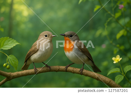 AI generated image of male and female redbreasted flycatchers perched closely on a forest branch with green leaves and soft light in a peaceful natural setting AI generated image of male and female redbreasted flycatchers perched closely on a forest branch with green leaves and soft light in a peaceful natural setting 127587201