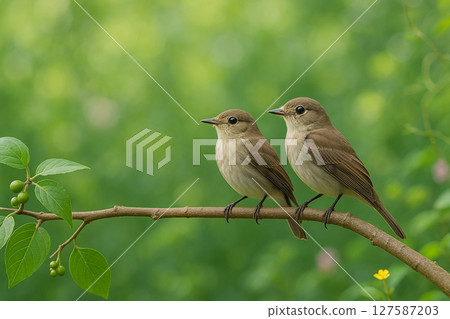AI generated image of a male and female brown flycatcher perched together on a forest branch surrounded by leaves and soft daylight in a serene green background AI generated image of a male and female brown flycatcher perched together on a forest branch surrounded by leaves and soft daylight in a serene green background 127587203