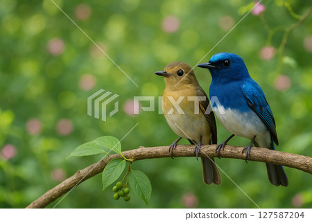 AI generated realistic image of male and female Cyornis concretus birds perched together on a forest branch with vibrant daylight and clean soft background for text space 127587204