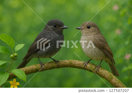 AI generated realistic image of male and female Muscicapa sibirica birds perched on a branch in vibrant forest with natural light clean background and space for text design or editorial use AI generated realistic image of male and female Muscicapa sibirica birds perched on a branch in vibrant forest with natural light clean background and space for text design or editorial use 127587207