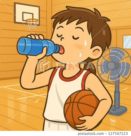 一名男籃球運動員在健身房補充水分以防中暑的插圖 127587223