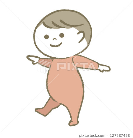 Smiling baby walking in pink Smiling baby walking in pink 127587458
