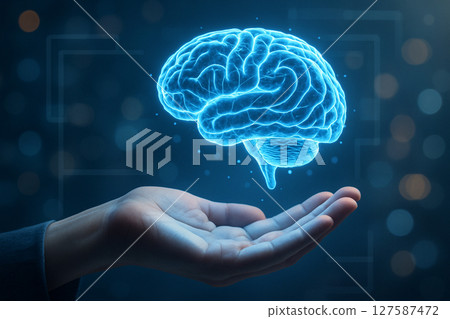 AI generated image of a human hand supporting a glowing blue brain with data circuits floating in a sci fi digital background with bokeh and interface lines AI generated image of a human hand supporting a glowing blue brain with data circuits floating in a sci fi digital background with bokeh and interface lines 127587472