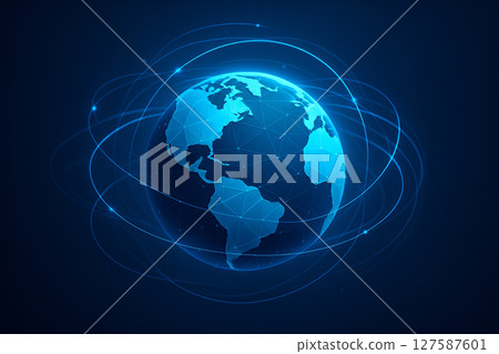 AI generated futuristic image of a glowing low poly Earth with digital orbiting lines representing global connectivity technology flow and cyber communication in a secure digital world 127587601