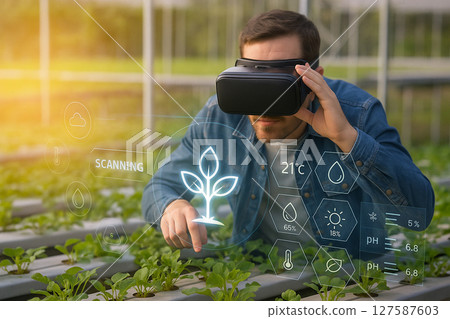 AI generated image of a man using VR headset to monitor hydroponic crops with holographic HUD showing weather light pH real time plant data representing smart agriculture digital farming technology 127587603