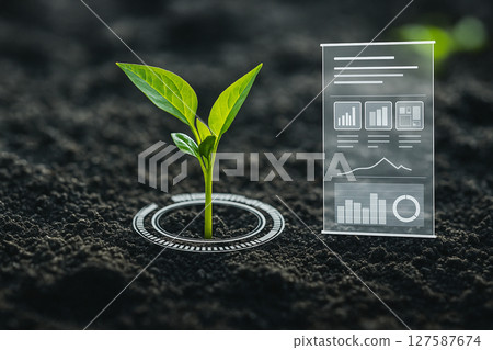 AI generated digital visualization of a smart farming system featuring a young green seedling growing in dark soil HUD-style data overlay symbolizing precision agriculture real-time soil monitoring. 127587674