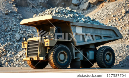 big yellow quarry dump truck for mining industry with full body of rock ore on quarry background 127587704