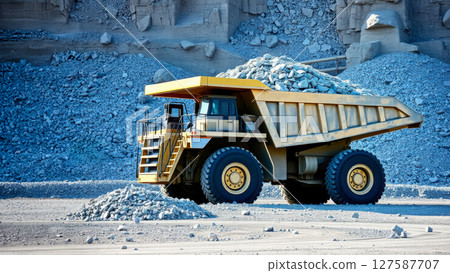 yellow dump truck in quarry, mining industry concept 127587707