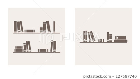 Books on the shelves simply retro vector illustration set. Vintage objects for decorations, background, textures or interior wallpaper. Sign, symbol, logo, banner or flat design element 127587740