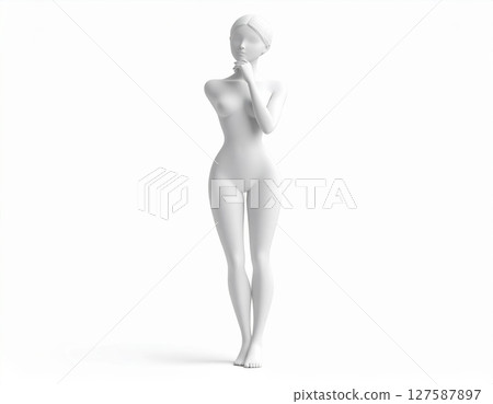 3D human character thinking with hand on chin 127587897