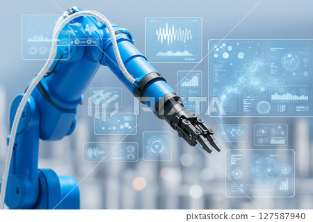 AI generated image of a blue robotic arm operating in a smart factory with transparent HUD overlays showing real time analytics precision controls and AI driven production systems 127587940