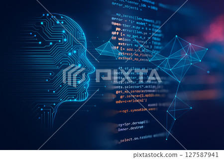 AI generated digital artwork depicting a human face made of circuit lines merging with flowing source code and neural network elements representing artificial intelligence and data processing 127587941