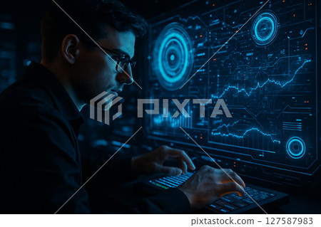 AI generated image of a man analyzing data on a glowing sci fi holographic interface with charts signals and virtual systems in a high tech control environment. 127587983