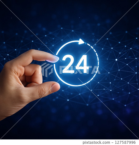 AI generated hand touching virtual 24 hour icon in front of futuristic network background representing nonstop access connection technology and customer service 127587996