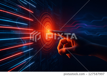 AI generated human finger touches glowing data core interface with neon concentric rings and horizontal light streams representing digital activation and advanced technology 127587997