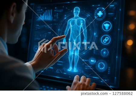 AI generated high tech scene of a human hand interacting with a digital transparent screen showing a 3D medical hologram, representing futuristic health technology, precision diagnostics AI generated high tech scene of a human hand interacting with a digital transparent screen showing a 3D medical hologram, representing futuristic health technology, precision diagnostics 127588062
