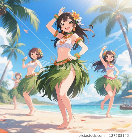 動漫風格的草裙舞女孩在熱帶海灘上微笑著跳舞 動漫風格的草裙舞女孩在熱帶海灘上微笑著跳舞 127588143