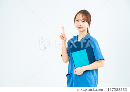 Recommended by a woman wearing a scrub, nurse, caregiver Recommended by a woman wearing a scrub, nurse, caregiver 127588283