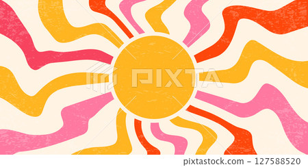Retro background with sun and spiral rays. 70s swirl abstract sunburst summer poster with grainy texture. Psychedelic radial striped orange and pink wallpaper 127588520
