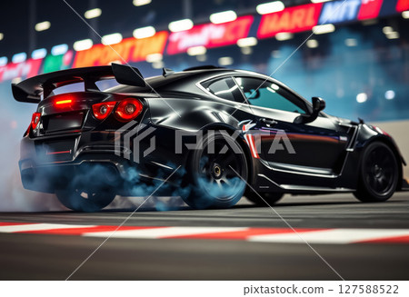 drifting black racing car on night racing track, drift competition 127588522