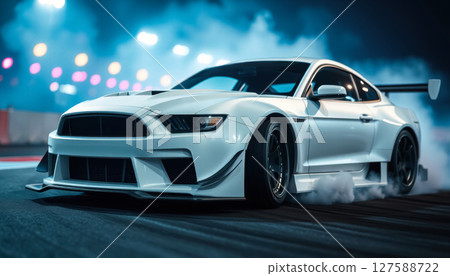 white sports car drifting on race track at night with blurred background white sports car drifting on race track at night with blurred background 127588722