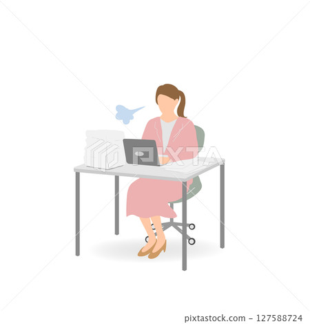 Young female office worker in a pink suit, sigh, office 127588724
