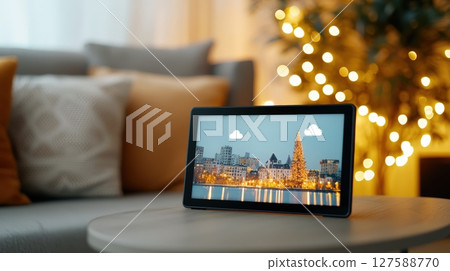 Christmas cityscape on tablet, cozy home 127588770