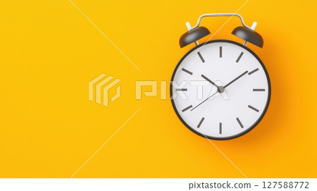 Classic black alarm clock on vibrant yellow background 127588772