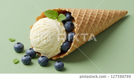Vanilla ice cream scoop with fresh blueberries and mint in a waffle cone. Sweet frozen dessert. Refreshing summer treat. 127588789