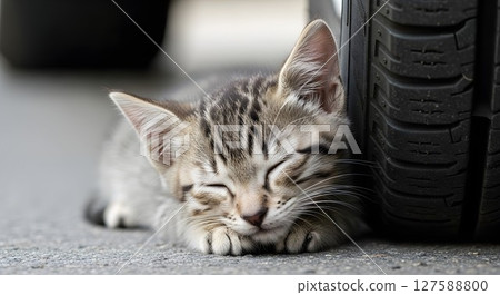 Cute tiny kitten sleeping on asphalt near a car tire. Small domestic animal resting peacefully outdoors. Street animal safety concept. 127588800