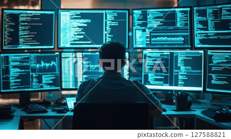 Cybersecurity expert working late multiple monitors displaying code 127588821