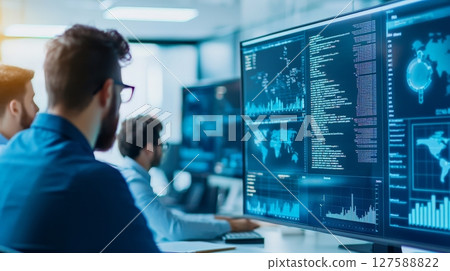 Cybersecurity Professionals Analyzing Data on Multiple Screens in Modern Office 127588822