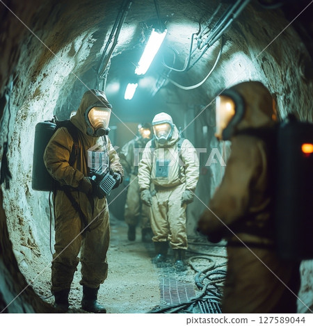 Hazardous Environment Workers in Protective Suits Inspecting a Tunnel 127589044
