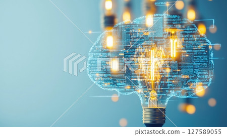 Illuminating innovation a digital brain shaped lightbulb representing ideas and technological advancement. 127589055
