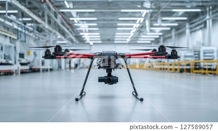 Industrial drone inspection high tech aerial photography in factory setting 127589057