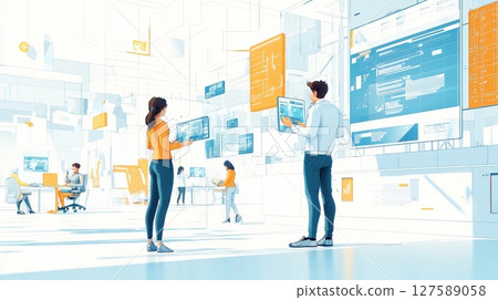 Innovative tech workplace collaborative team using digital interfaces 127589058