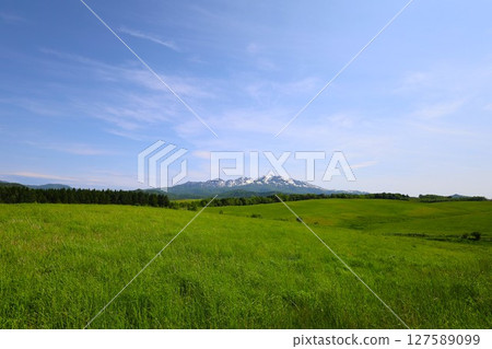 Fresh green Hokkaido, Daisetsuzan National Park, Daisetsu Plateau with a panoramic view of the Daisetsuzan mountain range, Asahigaoka Fresh green Hokkaido, Daisetsuzan National Park, Daisetsu Plateau with a panoramic view of the Daisetsuzan mountain range, Asahigaoka 127589099