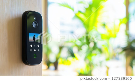 Modern doorbell camera displaying a person 127589160