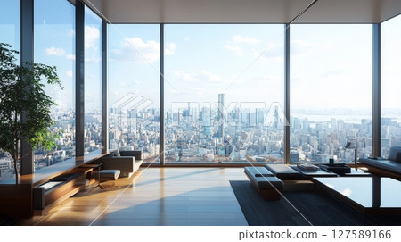 Modern living room with panoramic city view Modern living room with panoramic city view 127589166