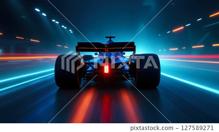 formula 1 racing car during a night grand prix, rear view close-up 127589271
