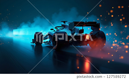 formula 1 racing car during a night grand prix, rear view with sparks from the bottom, close-up 127589272