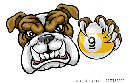 Bulldog and 9 Ball Nine Ball Pool Cartoon Mascot Bulldog and 9 Ball Nine Ball Pool Cartoon Mascot 127589311