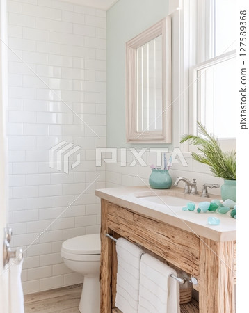Stylish bathroom featuring a wooden vanity and sleek white toilet for modern interiors 127589368