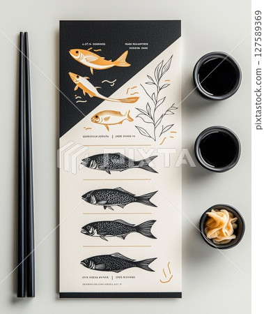 Stylish fish menu design black and gold seafood illustration 127589369