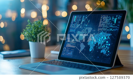 Stylish laptop on table surrounded by greenery perfect workspace inspiration 127589370