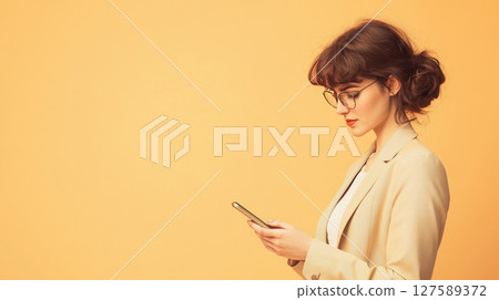 Stylish woman using smartphone modern businesswoman beige blazer yellow background 127589372