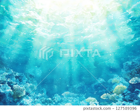 Underwater Coral Reef with Sunlight Rays and Blue Water - Watercolor Painting 127589396