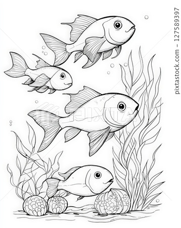 Underwater line art three elegant fish in aquatic flora 127589397