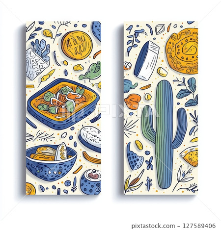 Vibrant mexican food and cactus doodle banner set 127589406